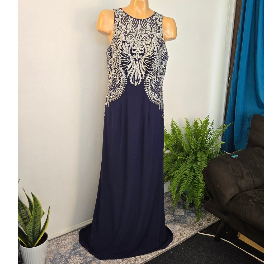 Cachet Womens Evening Gown Size 10 Navy Blue Rhinestone Mother of The Bride